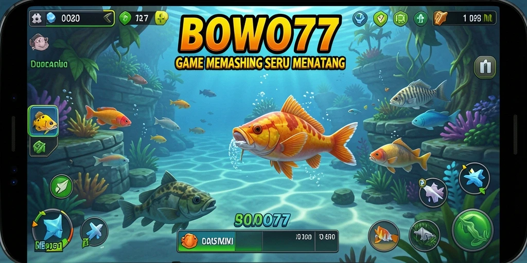 Screenshot gameplay yang menunjukkan suasana memancing yang seru dalam BOWO77.