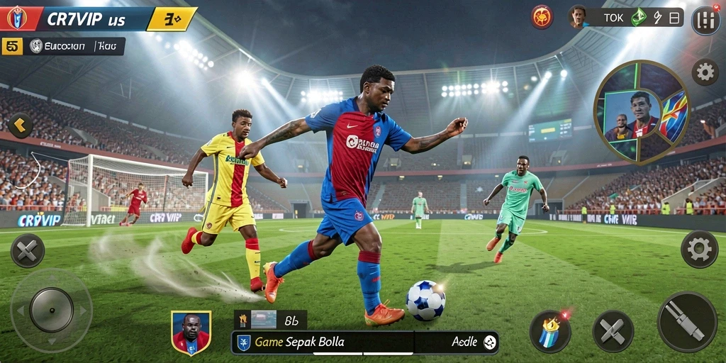Tangkapan layar utama dari gameplay sepak bola yang mendebarkan.
