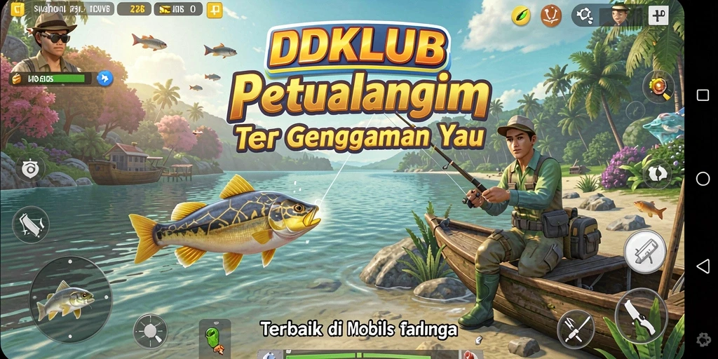 Screenshot gameplay <strong>IDKLUB</strong> menunjukkan serunya memancing di lokasi indah.