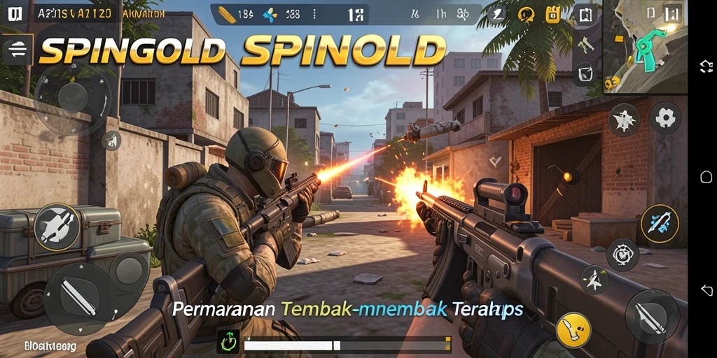 Tampilan gameplay SPINGOLD dalam aksi tembak-menembak seru.