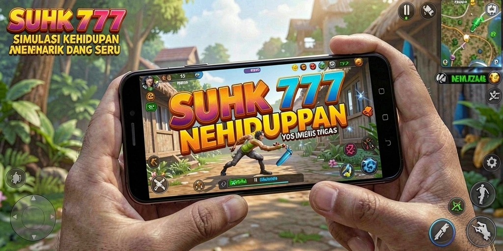 Screenshot utama gameplay SUHU777 yang menampilkan aktivitas simulasi kehidupan.